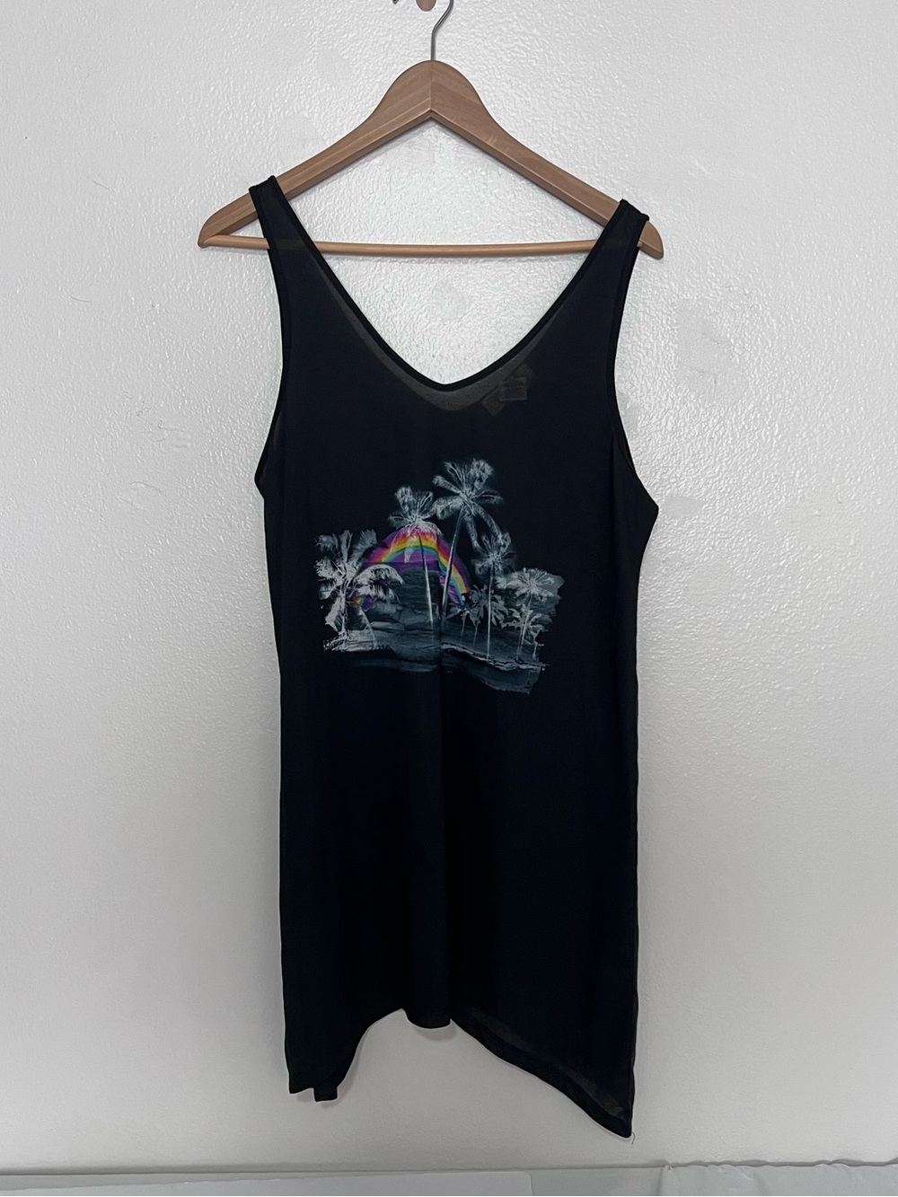 Vintage Y2K Women's Size L Black OP Swim Coverup Rainbow Palm Tree Beach Sheer